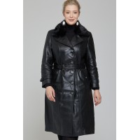 Black Faux Fur Women's Long Leather Coat