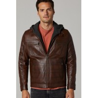 Hooded Classic Brown Men's Leather Jacket