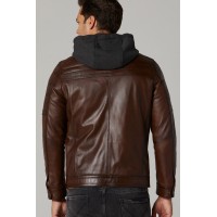 Hooded Classic Brown Men's Leather Jacket