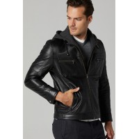 Harper Black Men's Hoody Leather Jacket