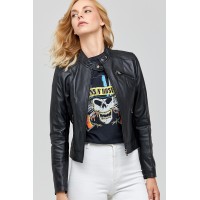 Eira Women's Leather Biker Jacket in Black