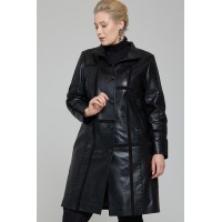 Classic Black Women's Button-Up Long Leather Coat