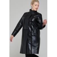 Classic Black Women's Button-Up Long Leather Coat