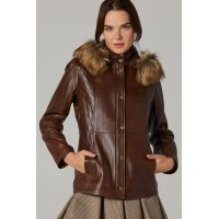 Women's Faux Fur hooded Leather Jacket in Brown