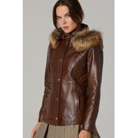 Women's Faux Fur hooded Leather Jacket in Brown