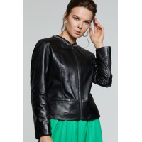 Fancy Women's Zippered Leather Jacket in Black