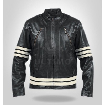 Men's Black white stripes Bomber Genuine Leather Jacket