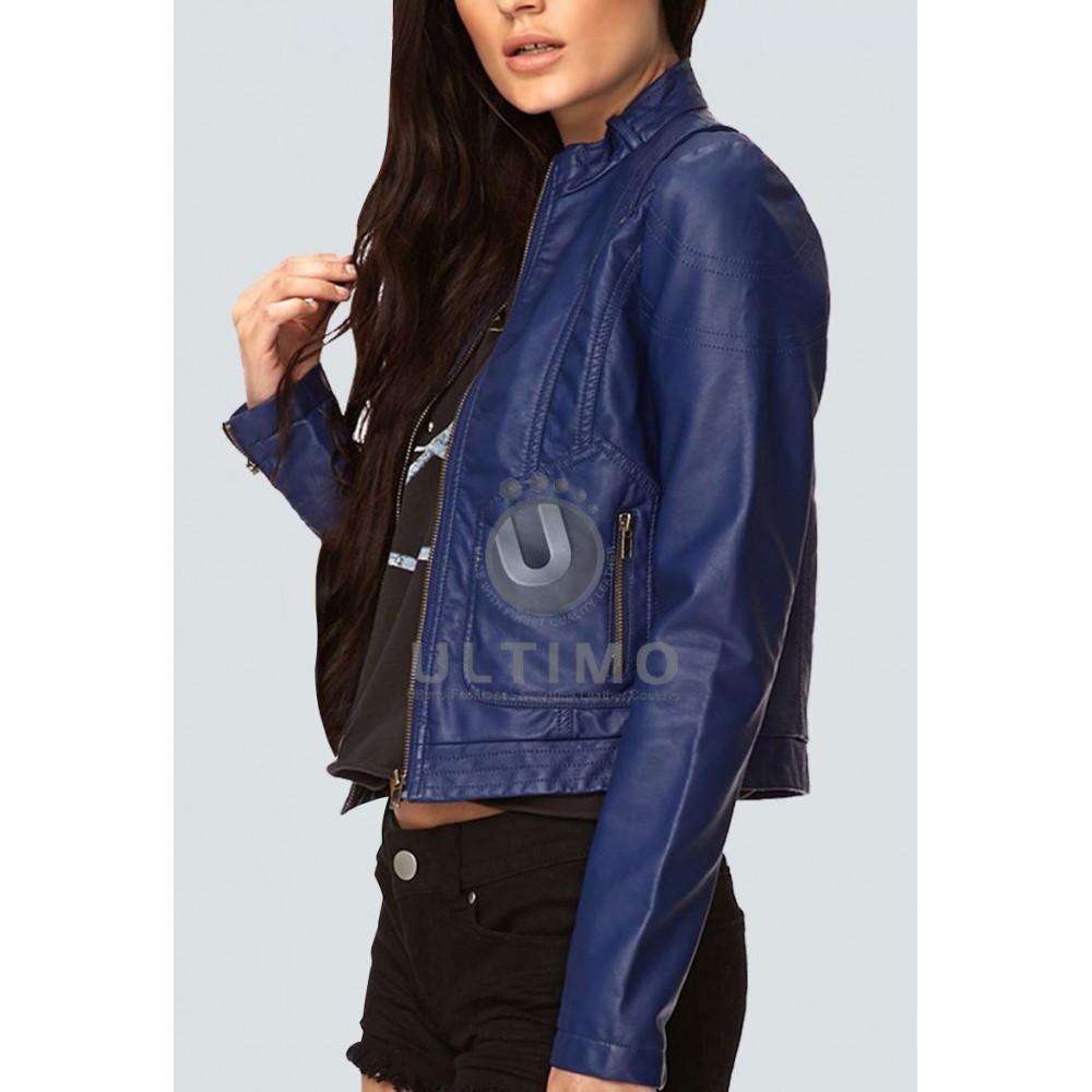 Blue Women Slim fit Stylish Leather Jacket