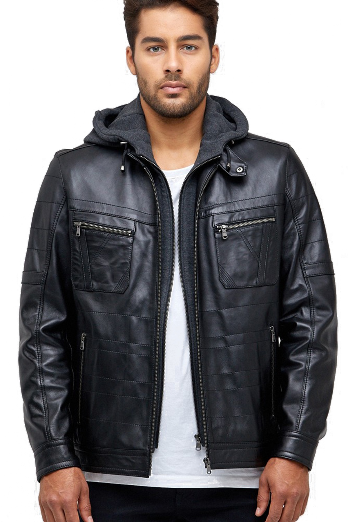 Rhine Classic Men’s Black Leather Hoodie Jacket