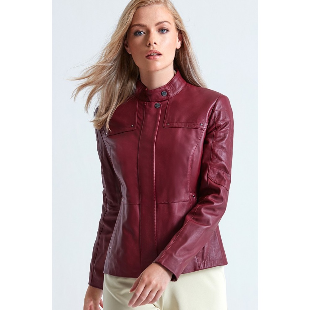 Clara Women Biker Leather Jacket in Red | Sheepskin Leather