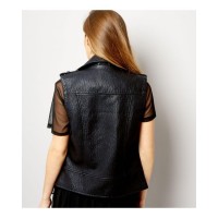Black Leather Look Sleeveless Biker Jacket For Sale