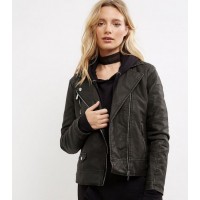 Black Washed Leather Look Biker Jacket For Sale