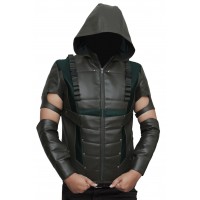 Green Hooded Vest Leather Jackets For Sale