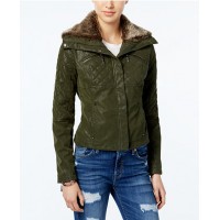 Green Wide Puffer Faux Leather Bomber Quilted Jacket For Sale