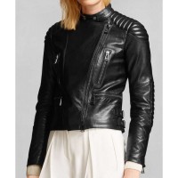 Asymmetrical Zipped Padded Womens Motorcycle Leather Jacket For Sale