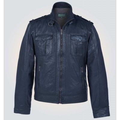 Bomber Navy Blue Leather Jacket