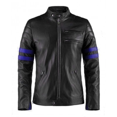 Black Stylish Stand Collar Leather Jacket with Pocket