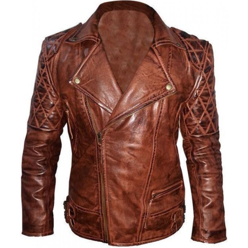 Classic Diamond Motorcycle Biker Brown Distressed Vintage Leather Jacket 