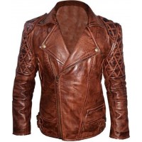 Classic Diamond Motorcycle Biker Brown Distressed Vintage Leather Jacket 