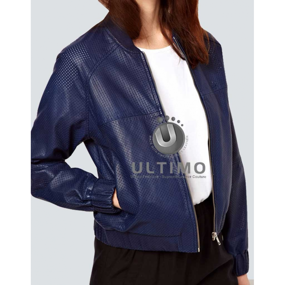 Raglan Sleeves Women Blue Leather Jacket 
