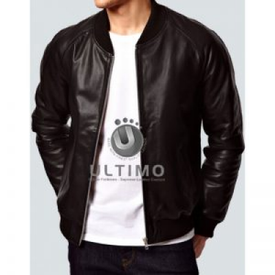 Ribbed Collar Style Leather Jacket 