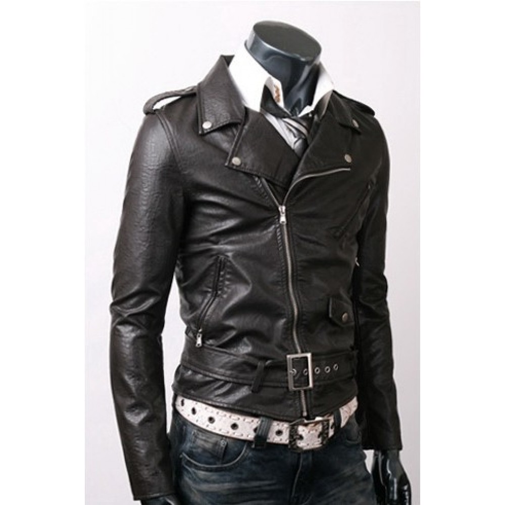 Belted Black Slim Fit Leather Jacket - Ultimo Jackets