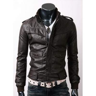 Slim-fit Leather Jacket with Button Pockets