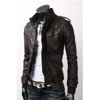 Slim-fit Leather Jacket with Button Pockets