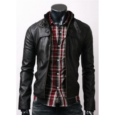Black Slim Fit Stylish Leather Jacket Belted Collar