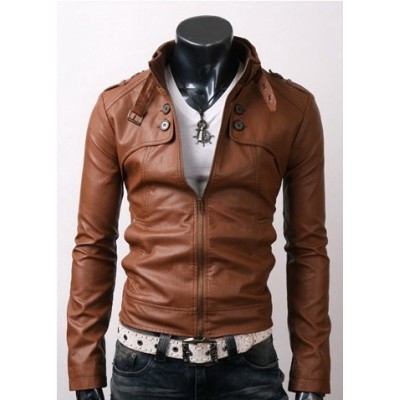 Slim Fit Rider Brown Leather Jacket with Button Pockets