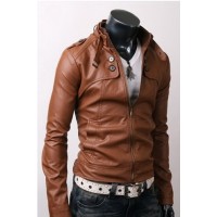 Slim Fit Rider Brown Leather Jacket with Button Pockets