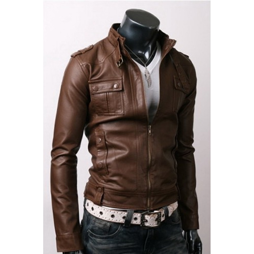 Men's Light Brown Slim-fit Stylish Leather Jacket