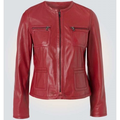 Red Cropped Women Genuine Leather Jacket