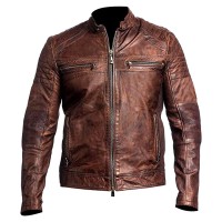 Distressed Dark Brown Slim Fit Leather Jacket For Men