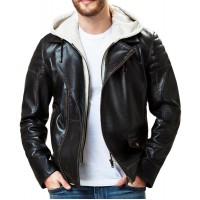 Stylish Hooded Black Leather Jacket For Men
