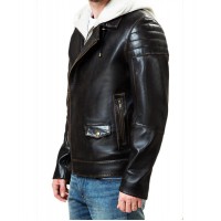 Stylish Hooded Black Leather Jacket For Men